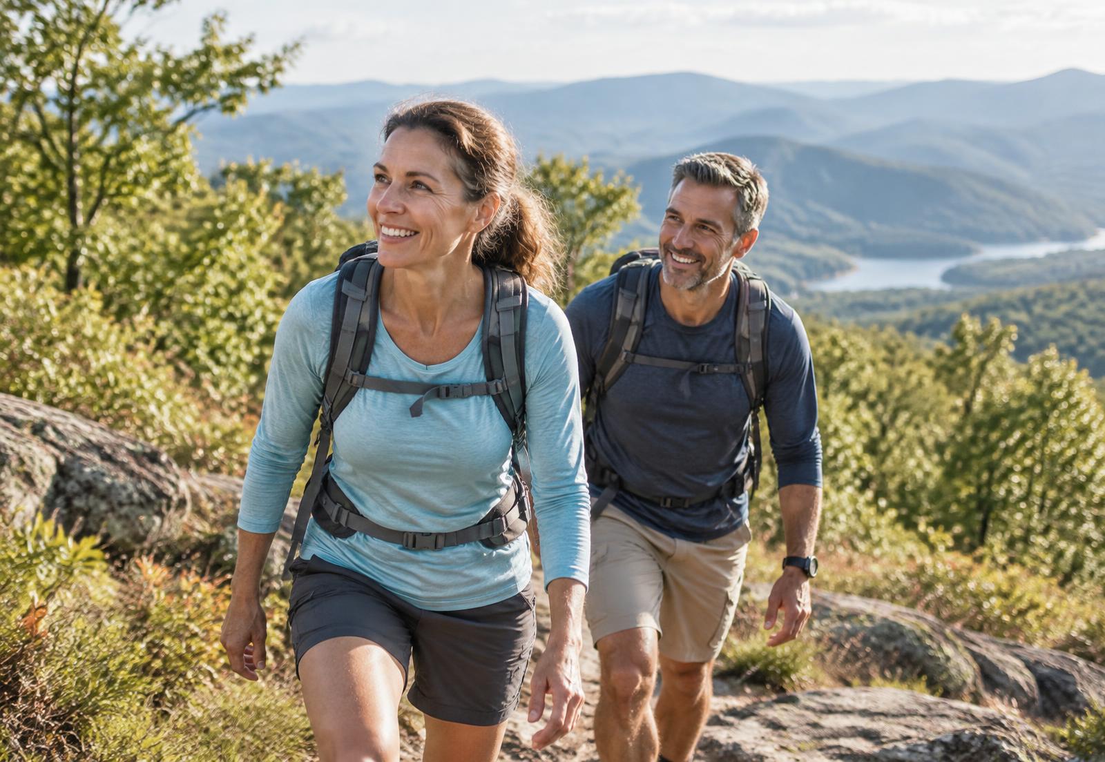 A smiling couple hiking together on a sunlit mountain trail
